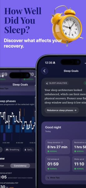 App Store preview: sleep goals with sleep analysis, 8 hours 27 minutes asleep and phase breakdown