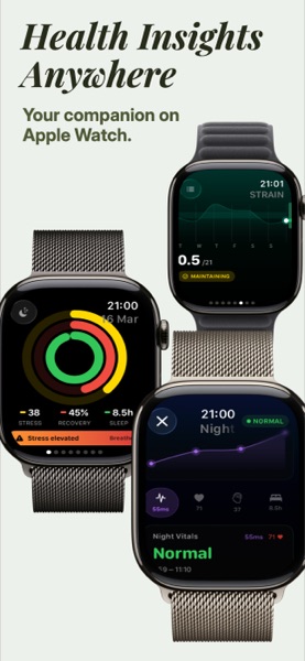 App Store preview: Apple Watch faces showing strain, recovery, sleep and night vitals