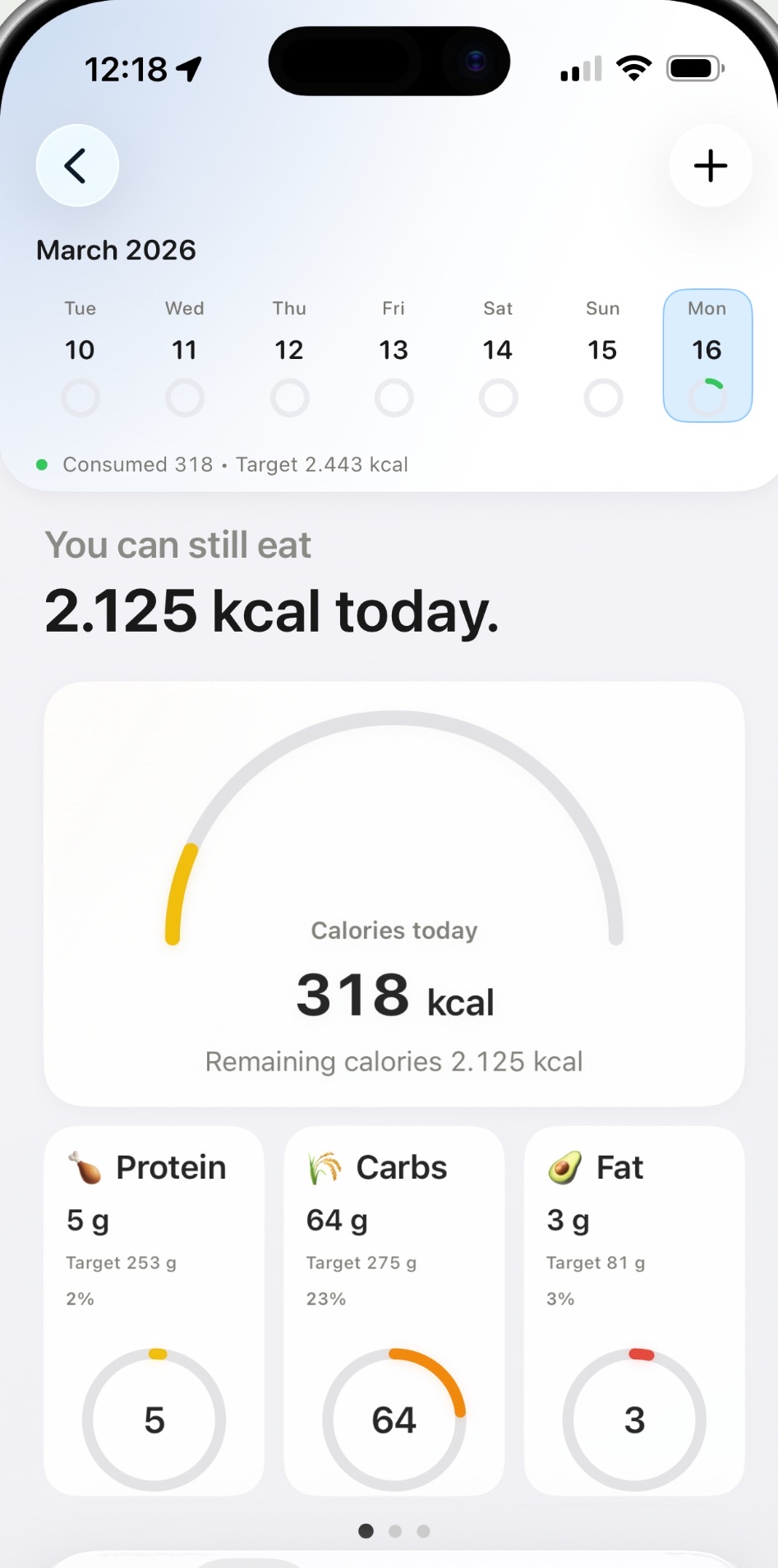 Nutrition screen: 2,125 kcal left for the day, with protein, carbs and fat against their targets